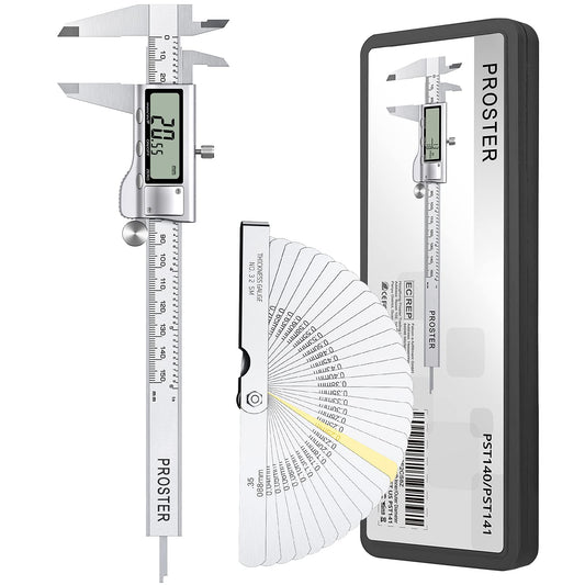 Proster Digital Vernier Caliper 6inch 150mm - Electronic Caliper Fraction/Inch/Metric Dial Caliper for Length Width Depth Inner Outer Diameter, with 32 Feeler Gauges