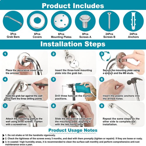 Emquito 3 Pack Grab Bars for Bathtubs and Showers, 16-Inch and 12-Inch Anti-Slip Bathroom Shower Grab Bars for Seniors Wall, Safety Handicap Grab Bars Stainless Steel,Shower Handle for Elderly Wall