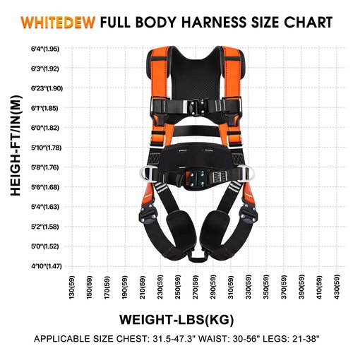 WHITEDEW Fall Protection Premium Safety Harness with Shock Absorbing Lanyard, Vented & Padded Shoulder, Legs & Back - Upgrade 4 Quick Buckles (Orange)