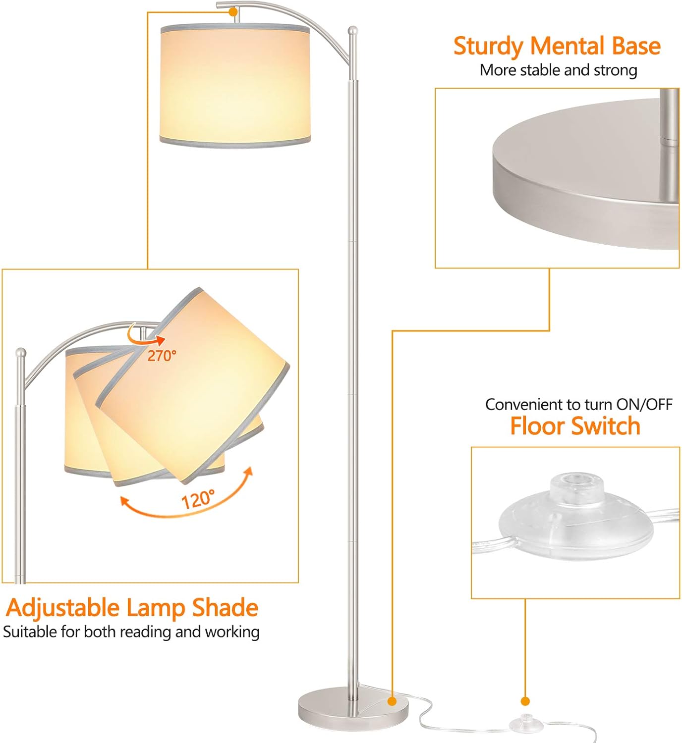 ROTTOGOON Floor Lamp for Living Room with 3 Color Temperatures LED Bulb, Standing Lamp Tall Industrial Floor Lamp Reading for Bedroom, Office (9W LED Bulb, Beige Lampshade Included) -Black