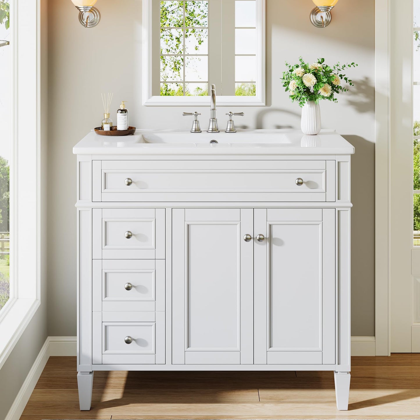 Tribesigns 36" Bathroom Vanity with Sink, Modern Bathroom Sink Cabinet with 4 Drawers & 2 Doors, Bath Storage Vanity Sink with Metal Handles, Solid Wood Frame, Paint Surface White
