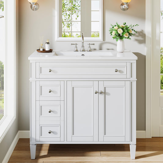 Tribesigns 36" Bathroom Vanity with Sink, Modern Bathroom Sink Cabinet with 4 Drawers & 2 Doors, Bath Storage Vanity Sink with Metal Handles, Solid Wood Frame, Paint Surface White