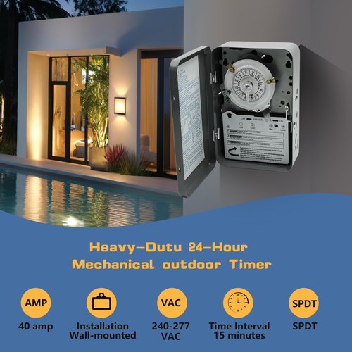 T104 Electromechanical Timer Switch,40A Load Capacity,1-12 Cycles Per Day - Manual Override,Versatile Scheduling
