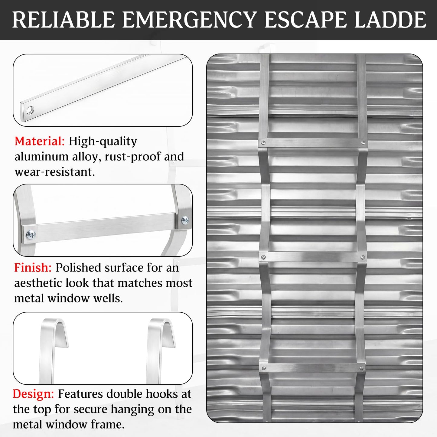 Shimeyao Egress Window Well Ladder 3 Step, Aluminum Basement Escape Ladder 14" W x 50" H with Hook, 300lbs Capacity for Emergency Home Safety