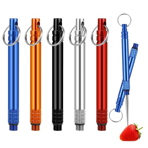 5 Pcs Metal Fruit Pick Portable Reusable Fruit Pick Stainless Steel Titanium Fruit Pick with Protective Holder for Outdoor Picnic Camping Traveling, 5 Colors