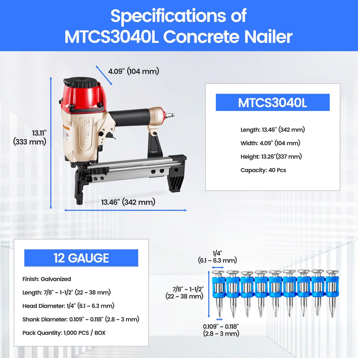 meite MTCS3040L Concrete Nail Gun with 12GA 7/8 Inch Plastic Collated Drive Pins 1000PCS, Concrete Nail Pinner for Concrete Ceiling Frame Fixing Drywall Track, Accepts 1/2"-1-1/2" Drive Pins