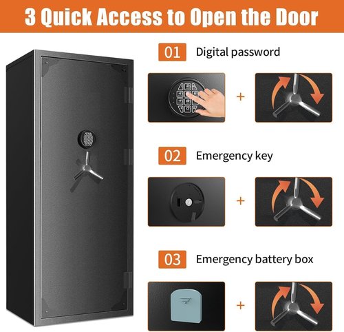 30 Gun Safe, Large Rifle Safe for Rifle and Shotgun/Rifle Pistol Rack/Storage Pocket/Removable Shelf/Silent Mode/External Battery/LED/Key,180° Open Door Panel Organizer Long GunSafe(Large Version)