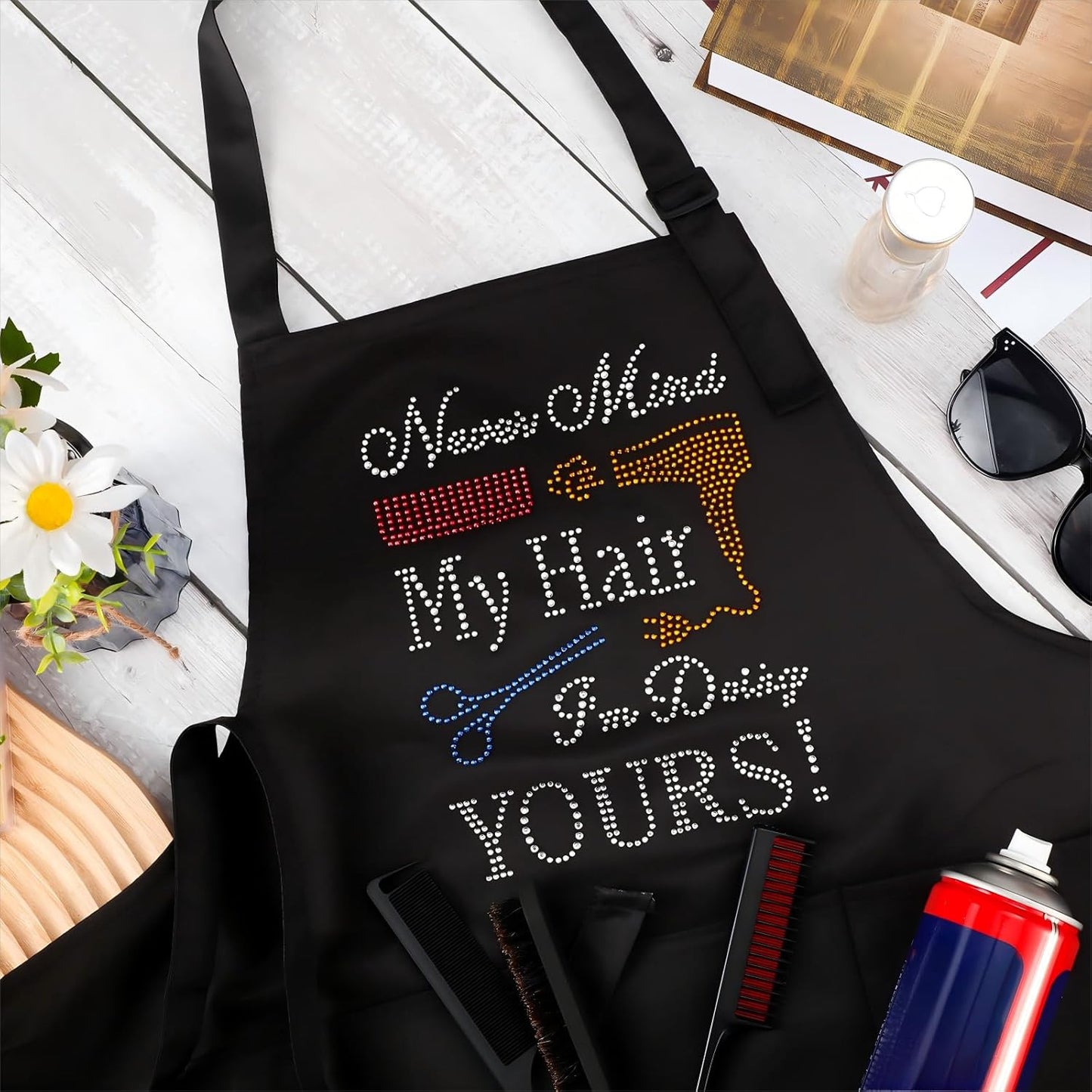 Coume 2 Pcs Hair Stylist Apron Hairstylist Salon Apron with Rhinestone Tools 3 Pockets Waterproof Hairdresser Barber