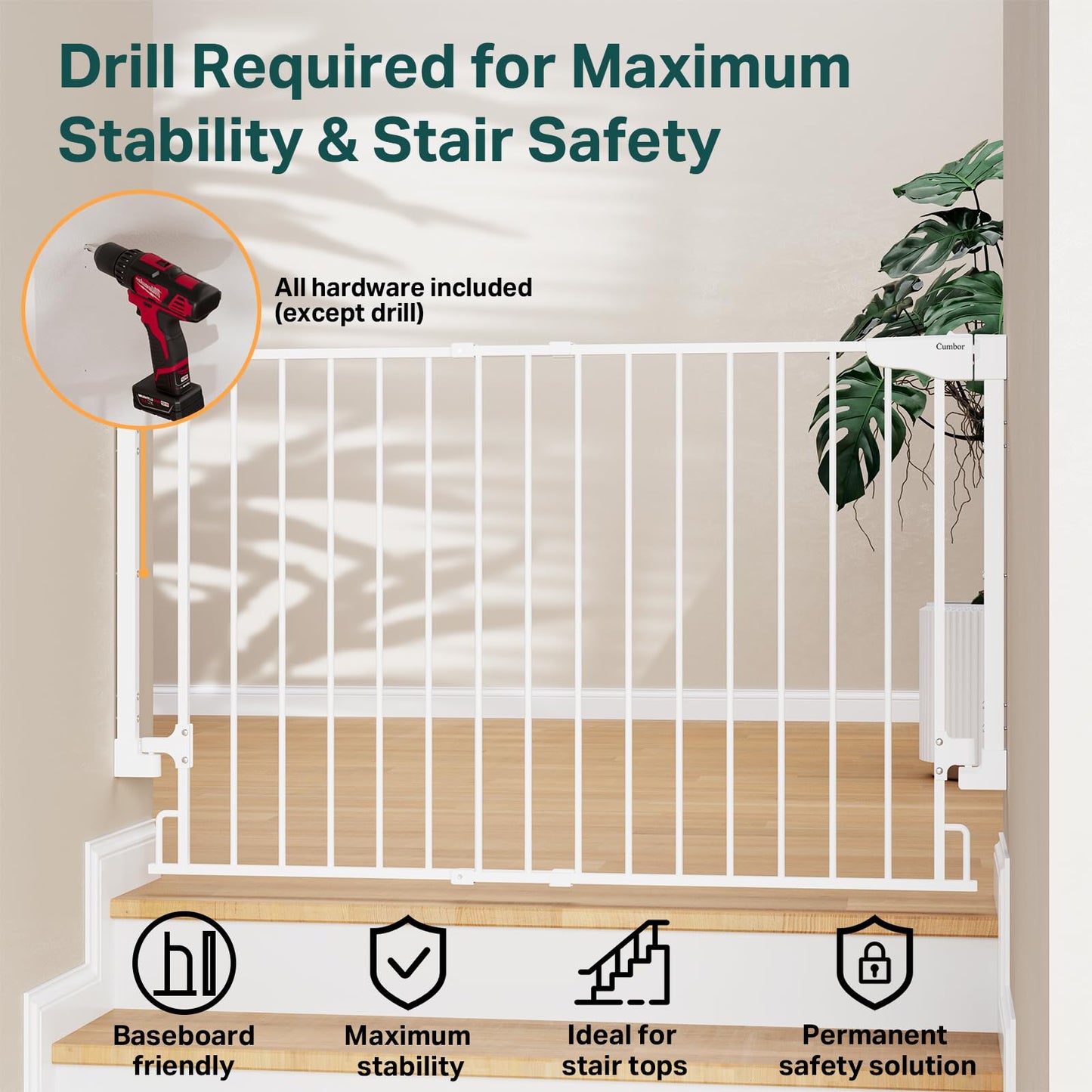 Cumbor Expandable 31.6-48" Baby Gate for Stairs, Hardware Mounted, 2-in-1 No Bottom Bar Dog Gate Indoor, Auto Close Pet Gate for Doorways with Large Walk Thru Door, Child-Proof Gate for Kids (White)