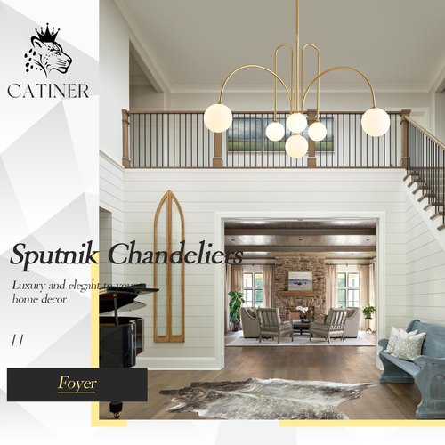 CATINER Gold Sputnik Chandelier,6 Lights Large Modern Chandelier L40”Mid Century Long Ceiling Pendant Light Fixtures for Dining Room with Milk Glass Globe Shades for High Ceiling Foyer Living Room