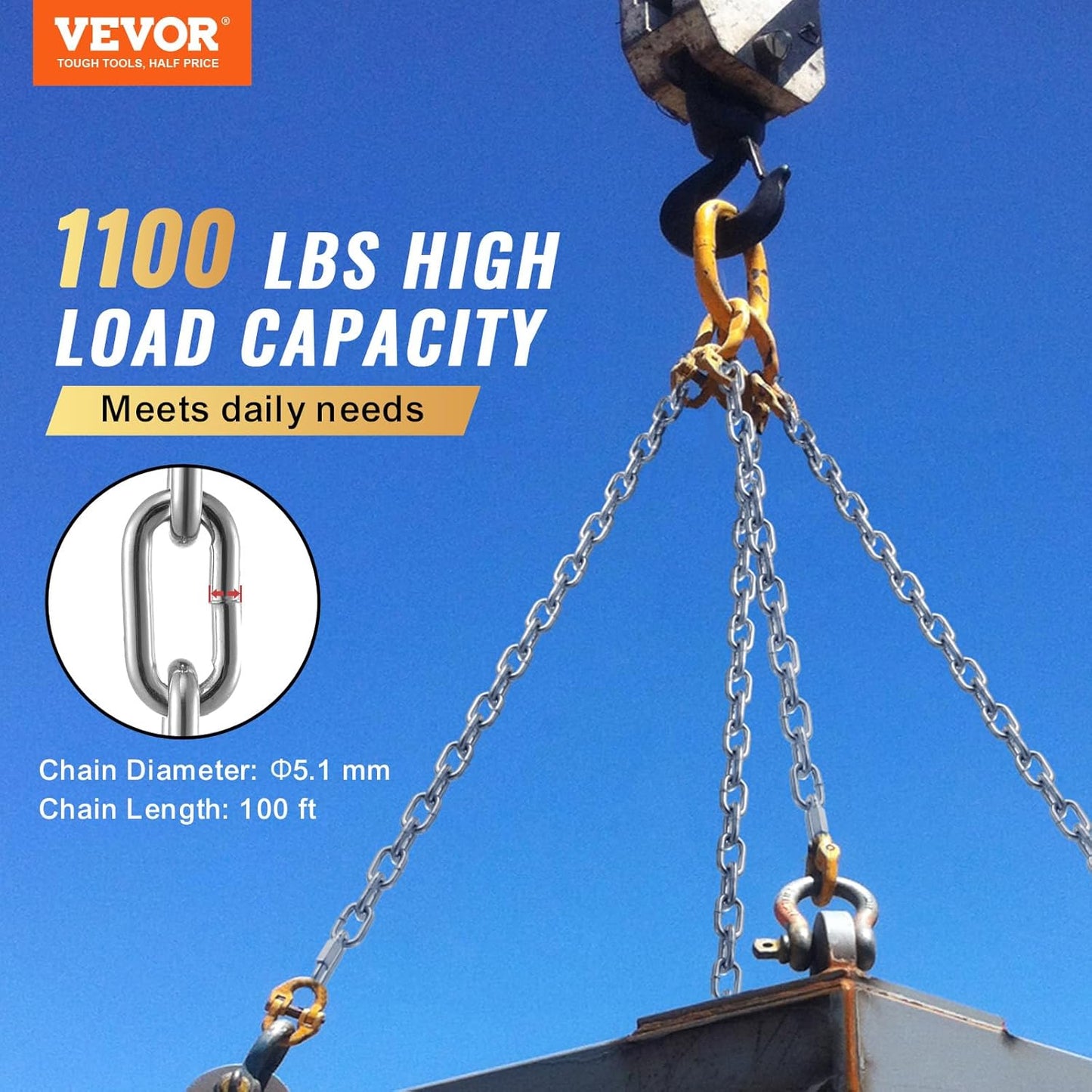 VEVOR Grade 30 Chain 3/16 Inch by 100Ft Length Grade 30 Proof Coil Chain Zinc Plated Grade 30 Chain for Towing Logging Agriculture and Guard Rails
