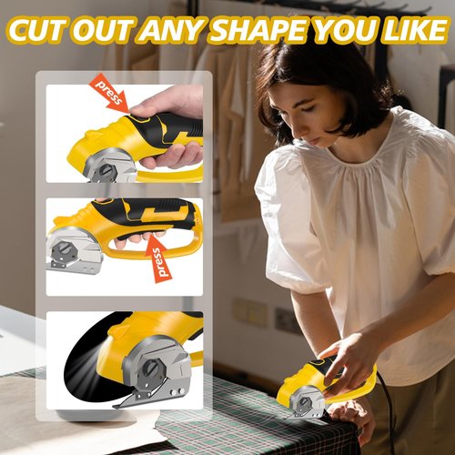 Cordless Electric Scissors, 4V Rechargeable Heavy Duty Rotary Cutter with LED Light & Safety Lock for Cardboard, Fabric, Leather, Carpet, Plastic, Crafting, Sewing, DIY & Industrial Use + Box (Yellow)