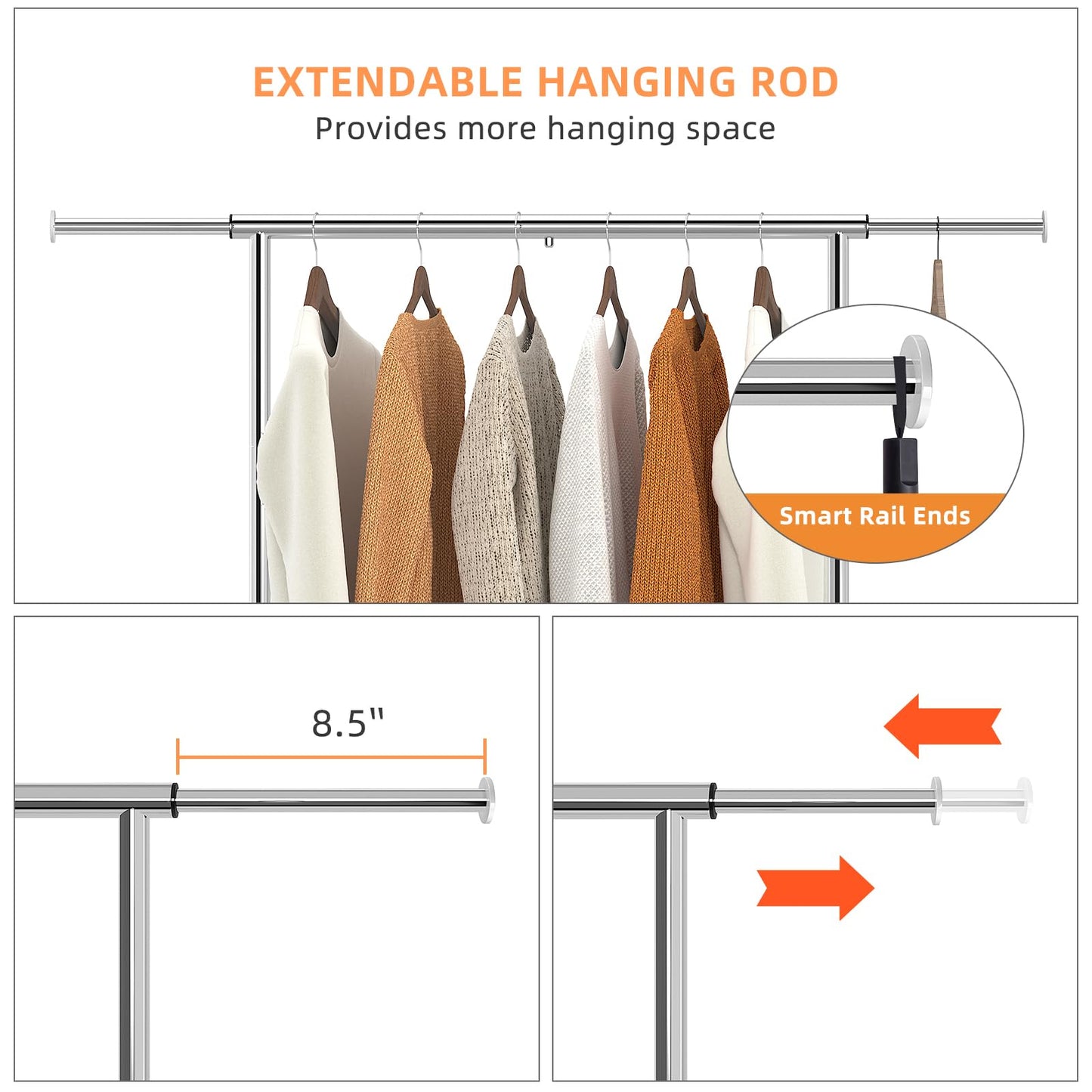 Simple Trending Standard Clothing Garment Rack, Rolling Clothes Organizer with Wheels and Bottom Shelves, Extendable, Chrome