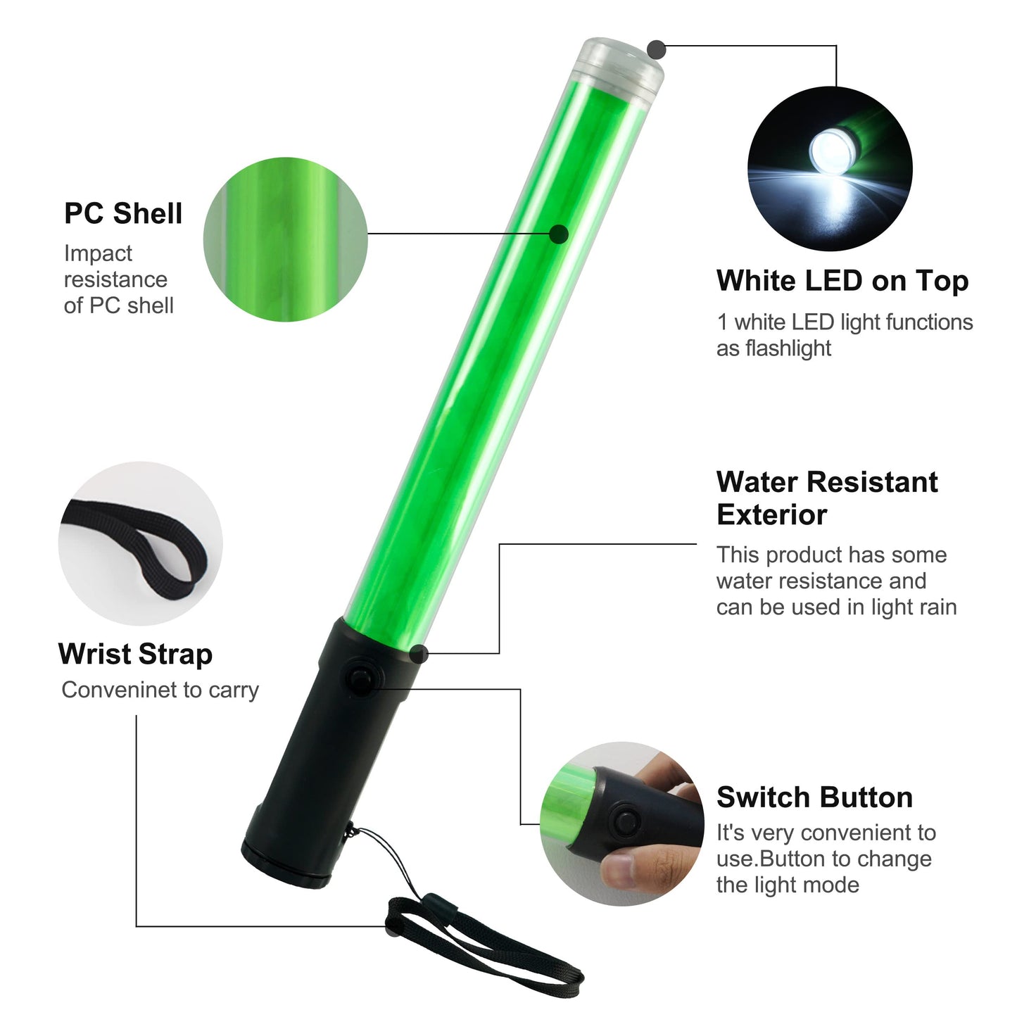 ELLUMIN 2 Pack Traffic Wand, 14-inch Green Traffic Control Baton with 3 Flashing Modes, Night Safety Signal LED Wand with White LED on Top for Airport Marshaling, Parking, Car Directing.（Green, 2pack