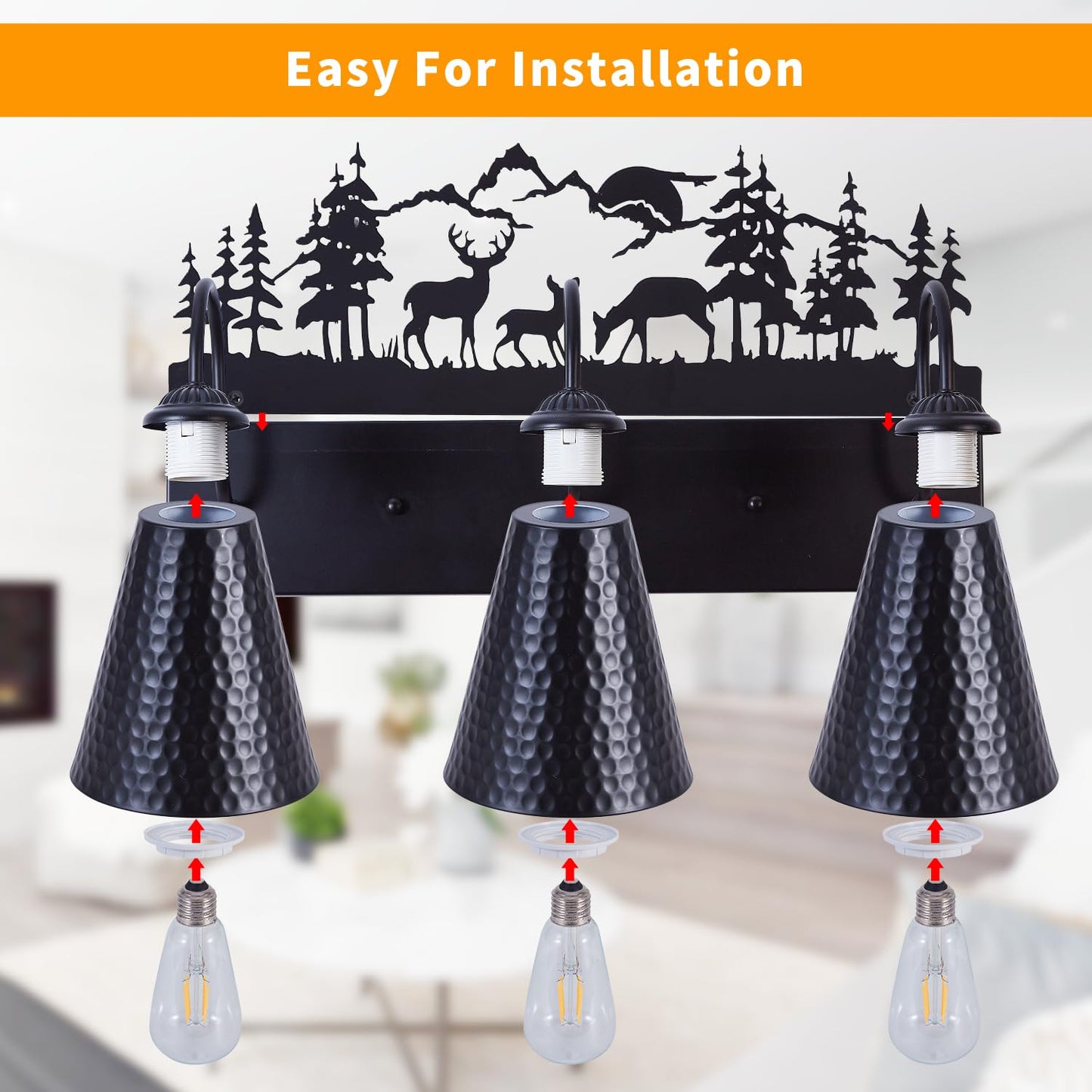 Monaxon Farmhouse Bathroom Vanity Light with Deer Design - E26 Base 3-Light Black Metal Rustic Wall Fixture for Mirror Lighting, and Dressing Table (Large, Bulb Not Included)