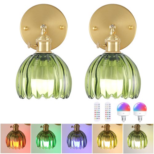 Shenmoyl Vintage Battery Operated Wall Sconce with Green Tulip Glass Lampshade Wireless Rechargeable Battery Powered Wall Light with Remote Control for Bedside Bedroom Doorway, Set of 2