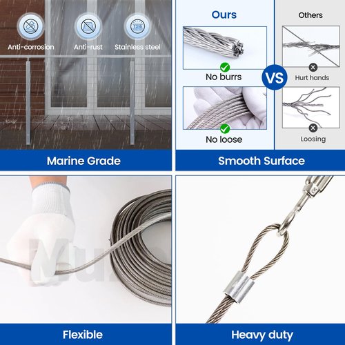 Muzata 1000 ft 1/8" Stainless Steel Cable Railing System Hardware T316 Stainless Steel Wire Rope 7x7 Strands 1800 lb Breaking Strength Deck Cable Railing Kit for Indoor Outdoor Coastal WR02