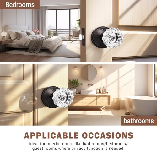 KNOBWELL Glass Door Knobs in Oil Rubbed Bronze Finish, Interior Crystal Door Knob for Bedroom Bathroom, Keyless Privacy Door Knob with Lock, 1 Pack
