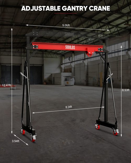 Dkenicor 3 Ton 6600Lb Gantry Crane, 9.06FT Maximum Width, 8.53-12.47ft Adjustable Height, Portable Shop Lift Hoist with 2 Ton Manual Trolley, Red