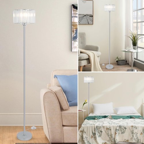 HMVPL Crystal Floor Lamp, Chrome Pole Floor Lamp with K9 Crystal Shade, Silver Standing Lamp with On/Off Switch, Modern Corner Tall Lamp for Living Room Bedroom Nursery Office Home Decor