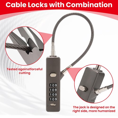 TOKCKYBL 4-Digit Combination Cable Lock, Gate Lock - 3 Replaceable Steel Ropes (11.8", 23.6", 47.2") for Bike, Ski, Fence, Cabinet & Door - Durable & Adjustable - Gun Gray (1 Pack)
