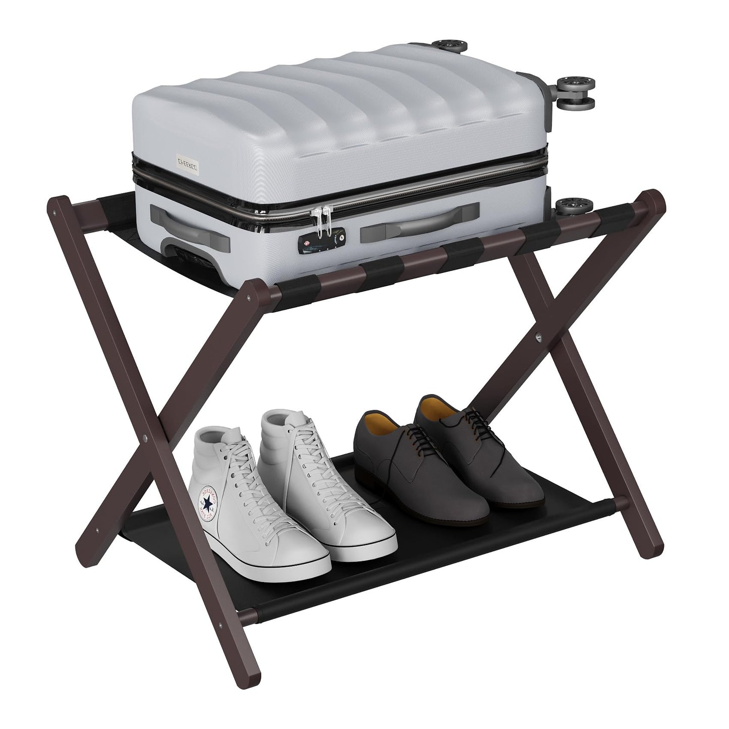 Smuxee Brown Bamboo Luggage Rack for Guest Room, Foldable Suitcase Stand with Storage Shelf, Easily Assembled Luggage Stand with 5 Nylon Straps for Guest Room Bedroom Hotel