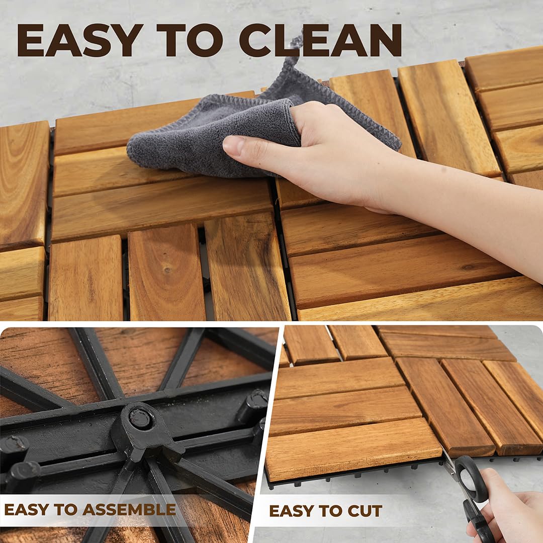 AN68 Premium Acacia Wood Interlocking Deck Tiles – Set of 9 pcs, 12"x12", Waterproof Outdoor Patio Flooring, Weather-Resistant Wooden Tiles for Balcony, Backyard, Indoor & Outdoor Use (Natural)