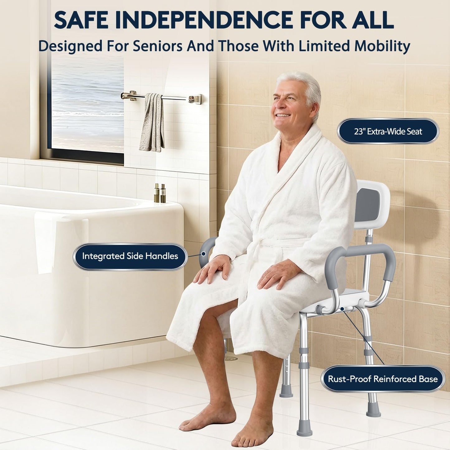UNILEAF Shower Chair For Inside Shower With Arms And Back, Adjustable Height Shower Chair For Elderly And Disabled Adults, 450 Lb Capacity, Non-Slip Shower Seat, Aluminum, White