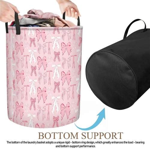 Pink Bow Laundry Basket for Women Girls, Large Canvas Collapsible Organizer Storage Basket for Nursery,Office,Toy Organizer,Home,Decor - 19.7" X 15.7 "