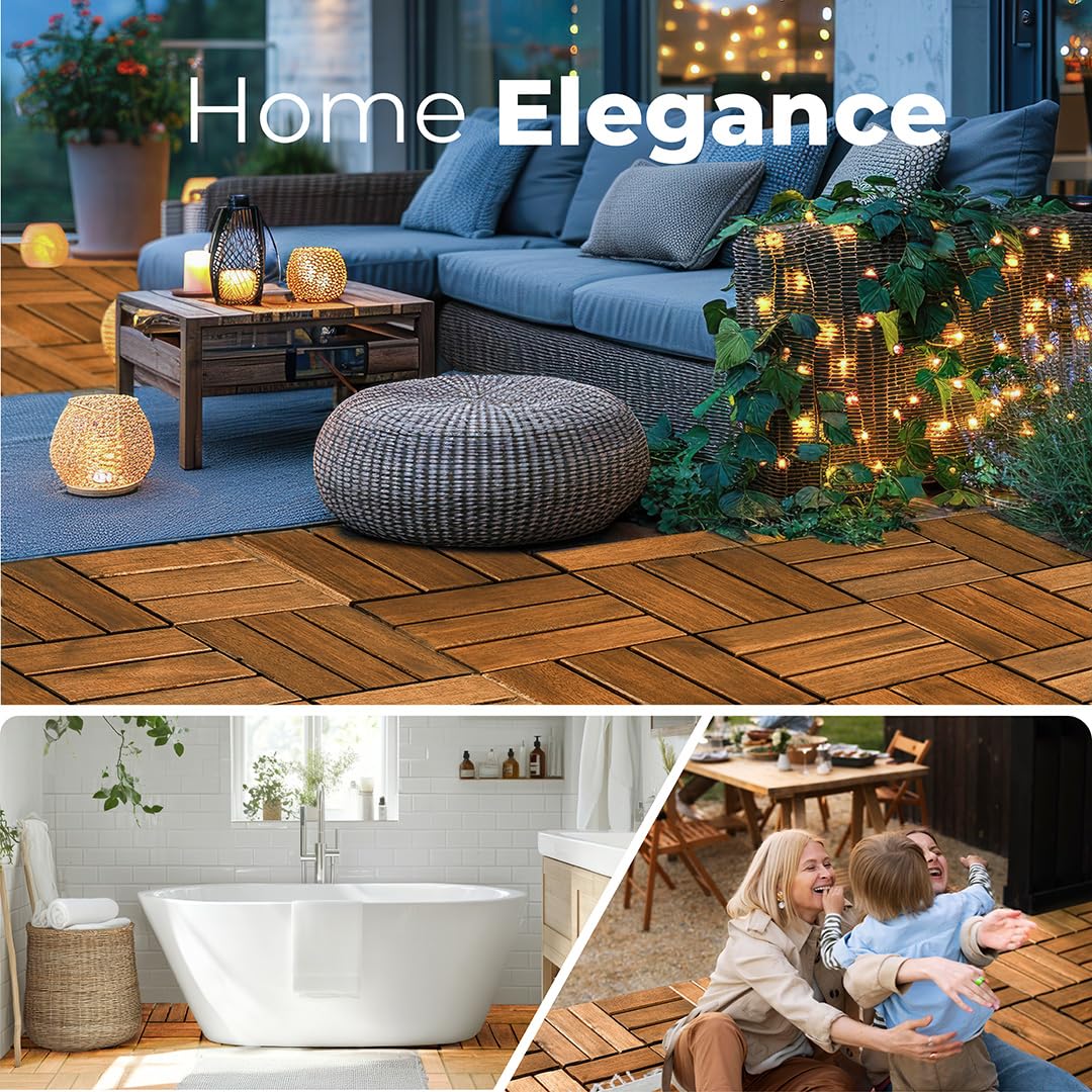 AN68 Premium Acacia Wood Interlocking Deck Tiles – Set of 9 pcs, 12"x12", Waterproof Outdoor Patio Flooring, Weather-Resistant Wooden Tiles for Balcony, Backyard, Indoor & Outdoor Use (Natural)