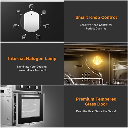 Wall Ovens 24 inch Electric, AMZCHEF 24 inch Wall Oven, 2200w Single Wall Oven with 6 Cooking Modes, 2.5 Cu.Ft. Electric Wall Oven, Convection Oven with Mechanical Knobs Control, Stainless Steel