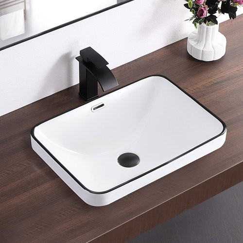 KARAMAG Bathroom Vessel Sink 20.6'' x 14.7'' Semi Recessed Bathroom Sink Rectangular Drop-in Vanity Sink with Overflow White with Black Rim Ceramic Modern Art Basin