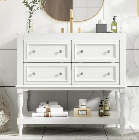 Virubi 36'' Bathroom Vanity with Single Sink, Freestanding Sink Cabinet with 4 Drawers and Open Shelf, Solid Wood Frame Bathroom Storage Cabinet