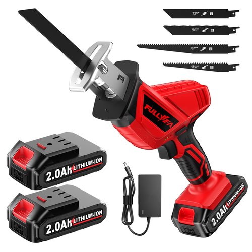 FULLYEA Reciprocating Saw Cordless, 0-3500SPM Power Reciprocating Saw with 2*2000mAh Battery & 4 Saw Blades, Tool-Free Blade Change, Variable Speed Reciprocating Saws for Woods/Metal/Plastic Cutting