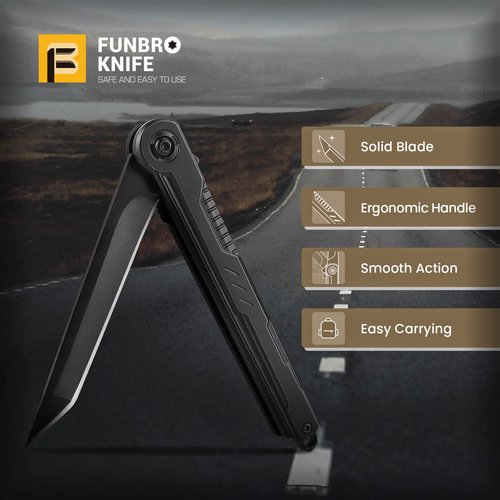 FUNBRO EDC Pocket Knife - 7CR13Mov Steel Tanto Blade, Slim Survival Knife with Clip and Liner Lock, Window Breaker - Gifts for Men Outdoor Camping