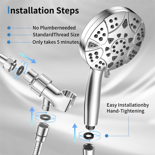 High Pressure 8-mode Handheld Shower Head with 5 ft Stainless Steel Hose and Adjustable Bracket, Built-in Power Wash to Clean Tub, Clean Corner,Tile & Pets