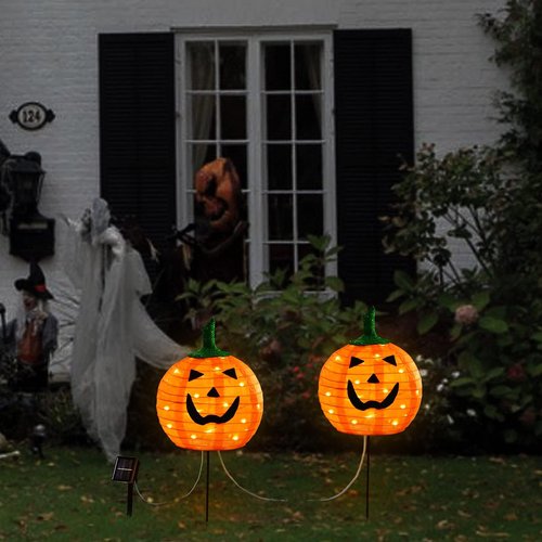 DAYLIGHTIR Solar Halloween Pumpkin LED Lights, Set of 2 Big Pumpkin Stake Lights 2 Modes for Outdoor Halloween Pathway Yard Garden Decoration (Warm White-Pumpkin, 2 Pack)