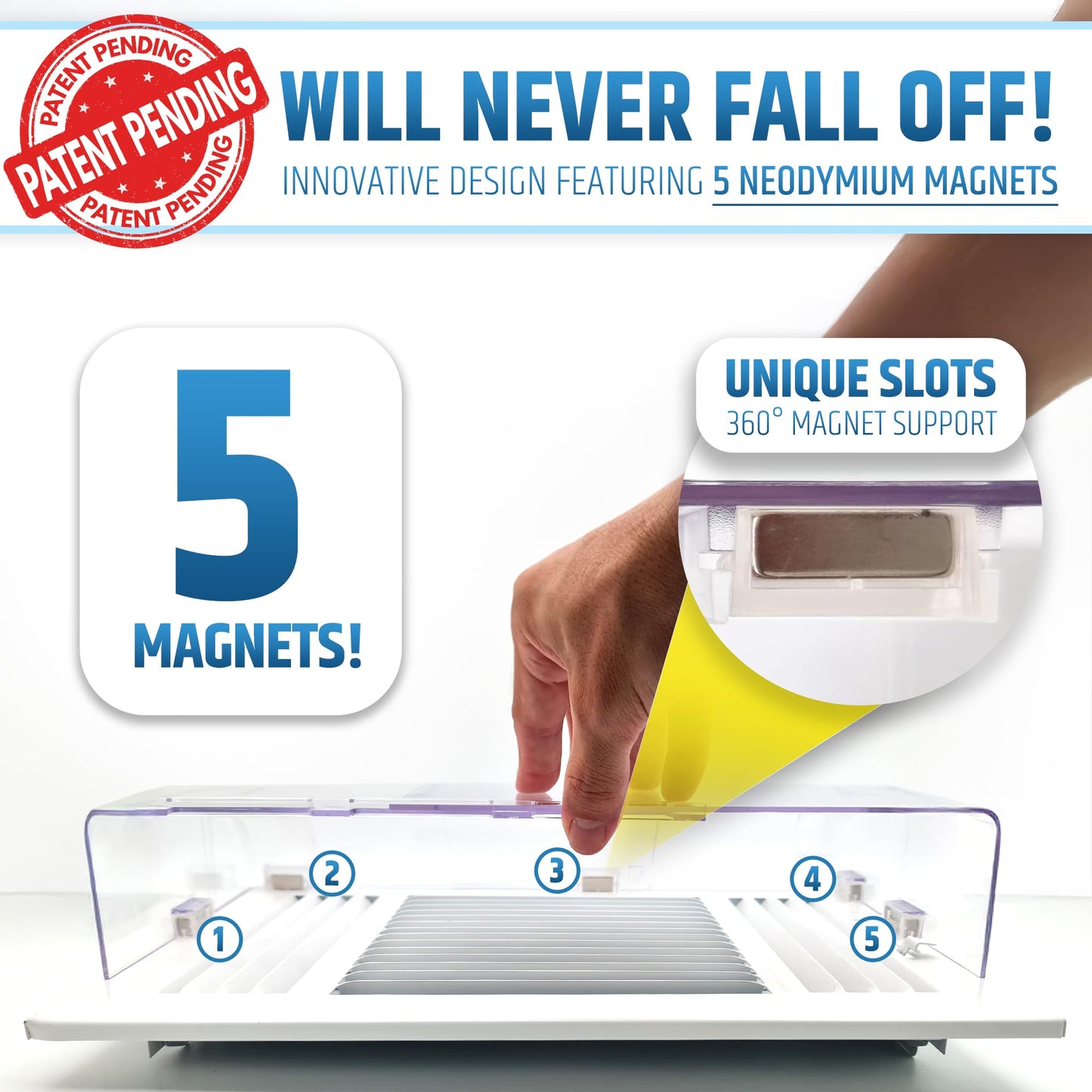 Larger (New Version) 7.5" Magnetic Vent Air & Heat Deflector (1 Pack) for Ceiling, Floor & Wall - Will Never Fall Off - Adjustable from 9.2” - 16” - Super Strong Neodymium Magnets Upgraded Design