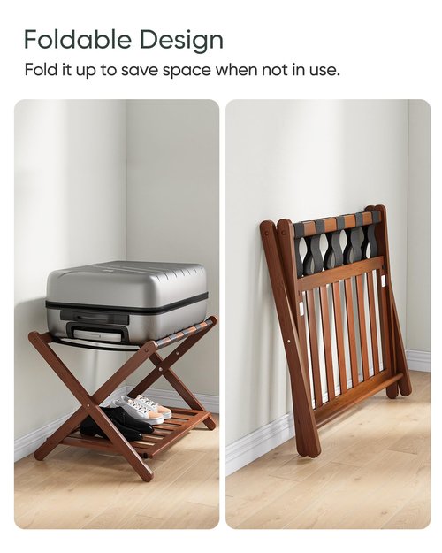 Smart FENDEE Fully Assembled Walnut Bamboo Luggage Rack with Shoe Shelf, Folding Suitcase Stand with 5 Heavy-Duty Straps, Large Wooden Luggage Holders for Guest Room, Ideal for Bedroom, Hotel
