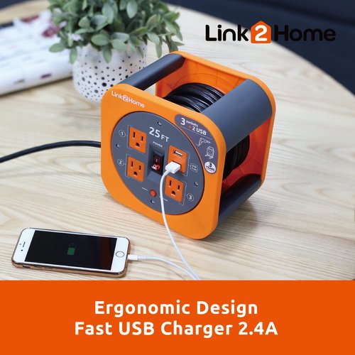 Link2Home Cord Reel 25 ft. Extension Cord 4 Power Outlets, 2 USB Ports, 2.4A Fast Charge – 16 AWG SJT Cable.