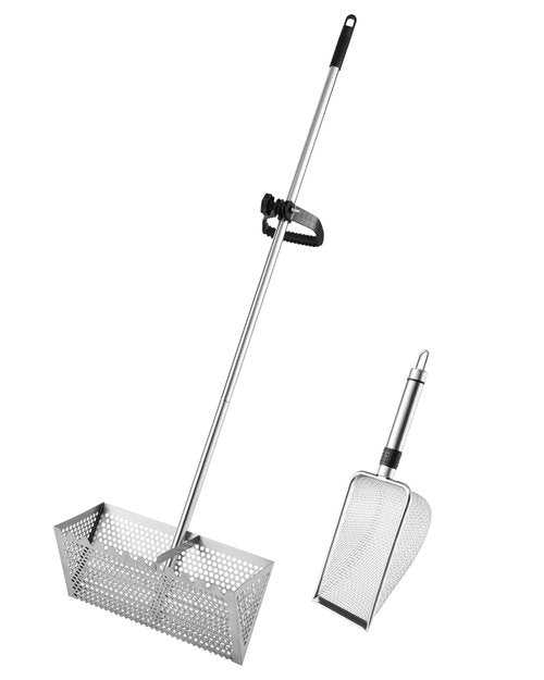 Sand Flea Rake 16" Wide - Detachable 54" Handle with Shark Tooth Screen - Stainless Steel Beach Rake for Fishing Bait, Shelling, Yard Cleaning - Saltwater Rust Proof & Portable