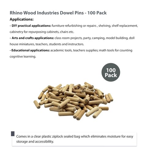 Rhino Wood Industries - 1/4" x 1" - 100 Pack Wooden Dowel Pins - Kiln Dried, Fluted, and Beveled (1/4" x 1", 100pk)