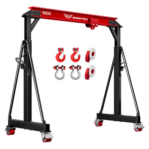BSMTEK 2 Ton Gantry Crane – Adjustable Height (8.53-12.5 FT) & Width (9.06 FT), Heavy-Duty Shop Lift Hoist with 5000 Lb Manual Trolley，Red
