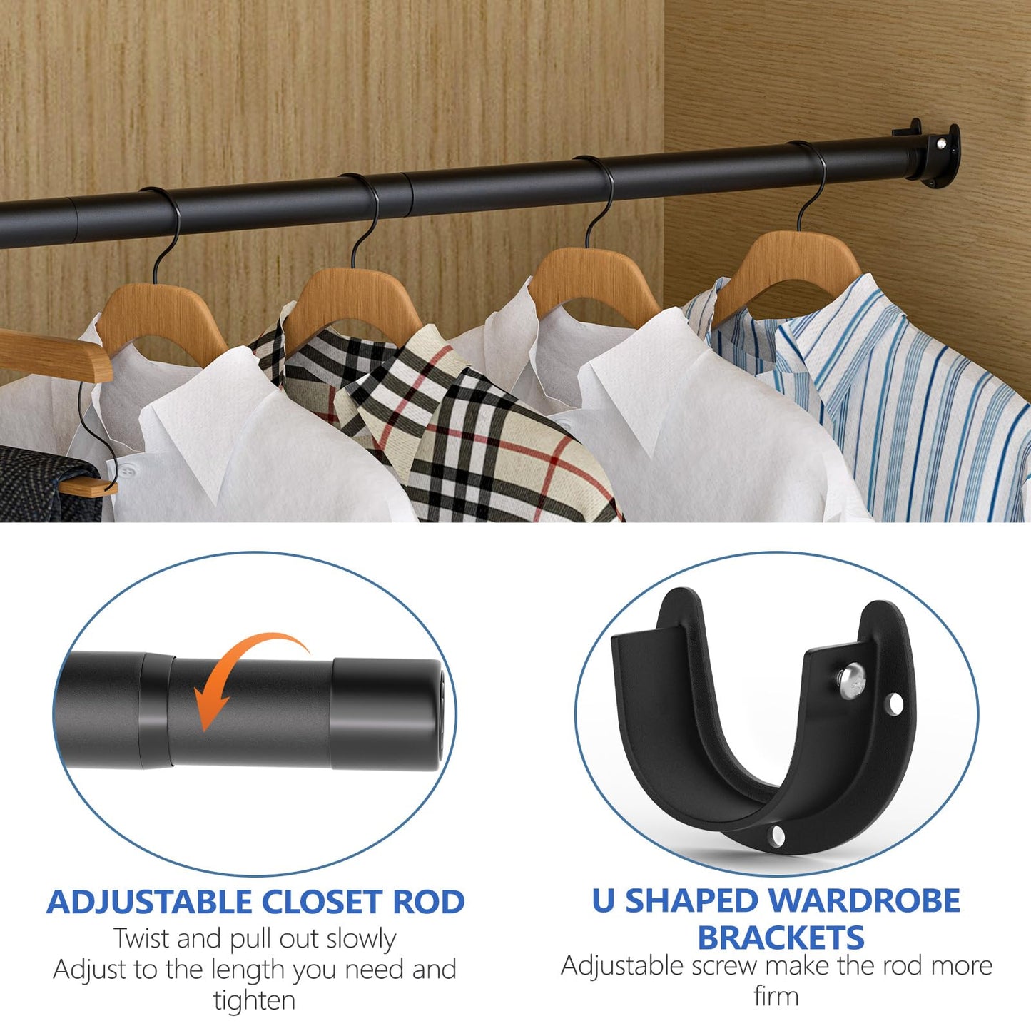 SUTINE Closet Rods for Hanging Clothes, 17 to 53 Inch Closet Rod, Heavy Duty Adjustable Clothes Hanging Bar Rod Matte Black Closet Poles for Wardrobes, Closet, Bathroom, Windows,1.3 Inch Diameter