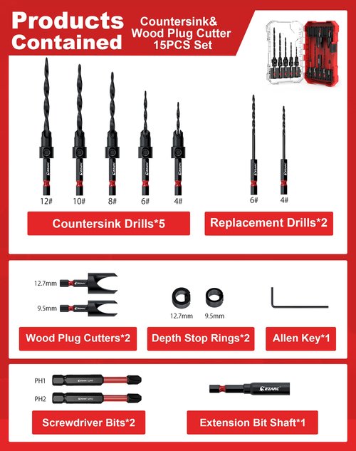 EZARC Countersink Drill Bit Set, 15 PCS Tapered Drill Bits Counter Sink Drill Bit with 2PCS Wood Plug Cutter 1/4" Hex Shank Quick Change for Woodworking with Storage Box