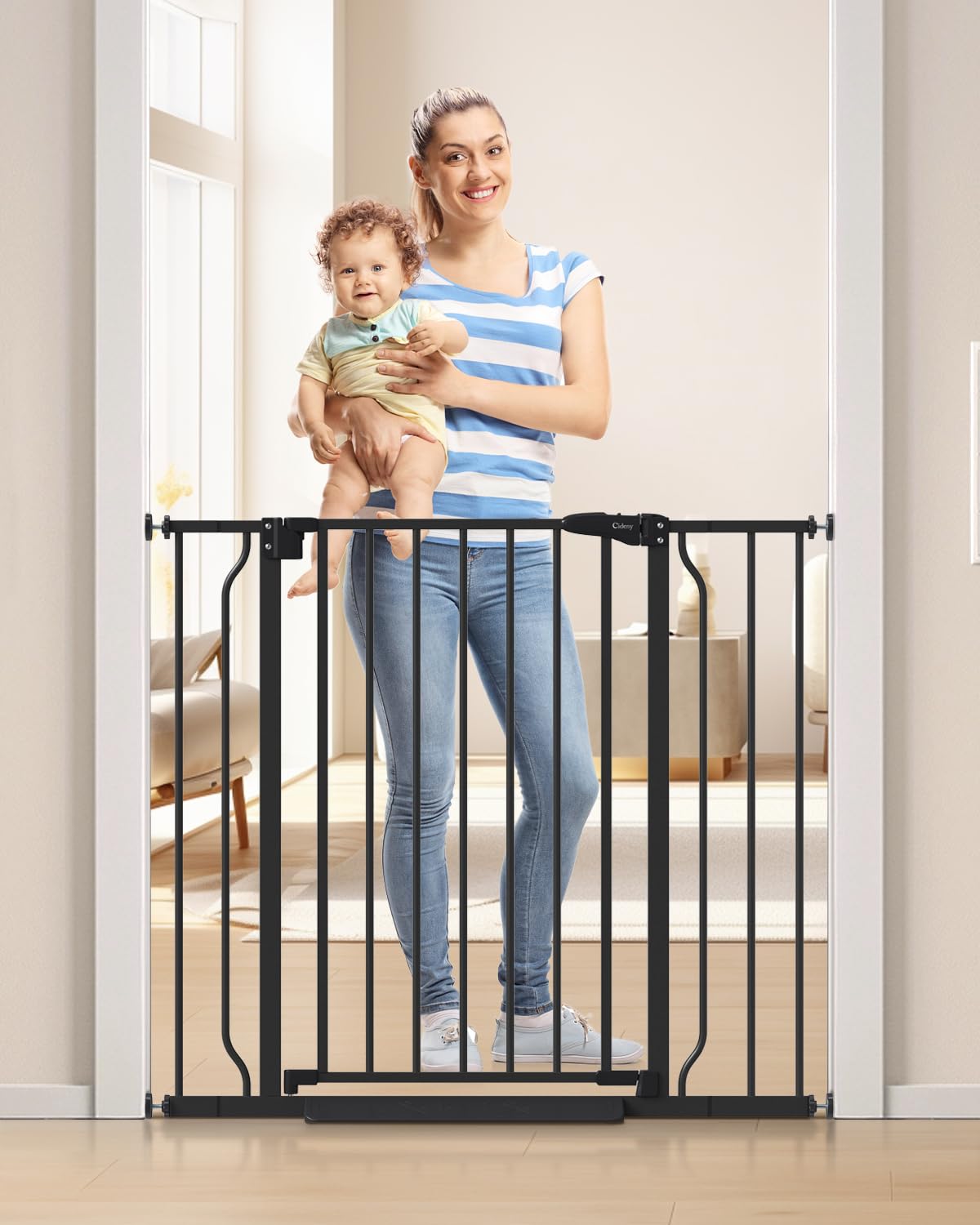 Cideny 34" Extra Tall Baby Gate for Stairs, Auto Close Stroller Friendly Dog Gate Indoor for Doorways, Pressure Mounted 29"-40" Wide Baby Gate, Easy Walk Through Gate for Children & Pets, Black