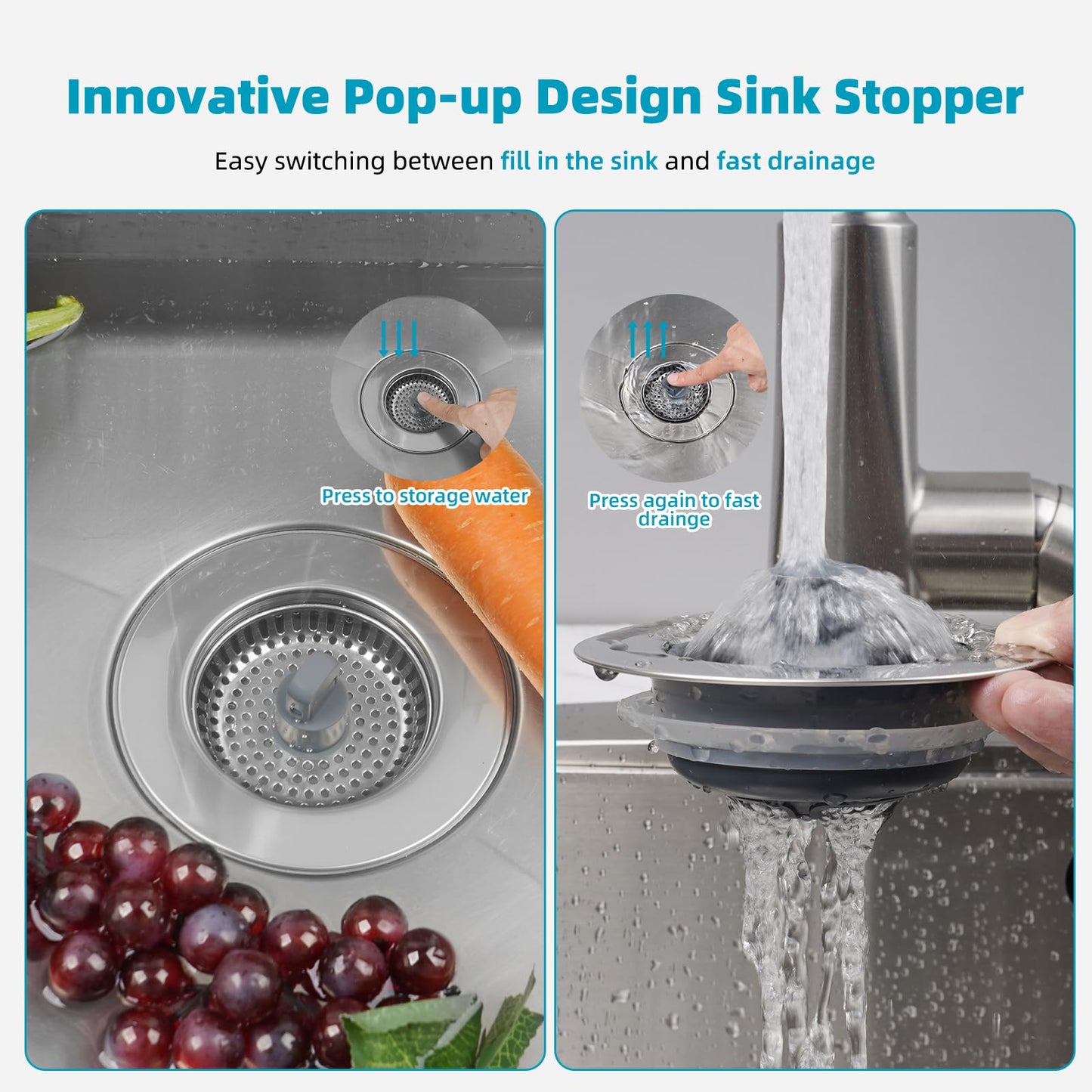 Hibbent 2 Pack 3 in 1 Kitchen Sink Drain Strainer, Stainless Steel Wrapped Shell Drain Stopper Combo, Pop Up Sink Stopper, Anti-Clogging Strainer with Foldable Handle for US Standard 3-1/2" Drain