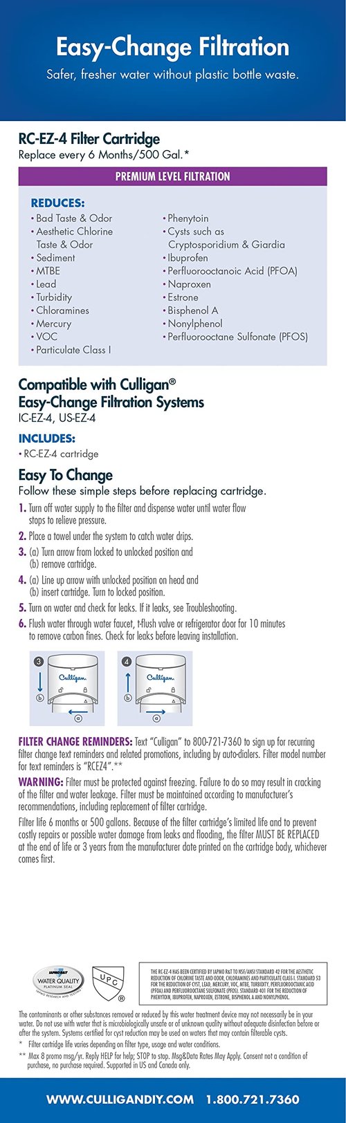 Culligan RC 4 EZ-Change Premium Water Filtration Replacement Cartridge, 500 Gallons, White