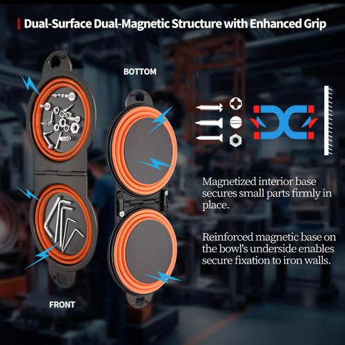 Collapsible Magnetic Parts Tray Set, Foldable Magnetic Trays, Integrated 5.1" Round Dual Silicone Bowls, Multi-Use Nuts And Bolts Organizer, Bonus Hanging Hook for On-the-Go Carry(Orange)
