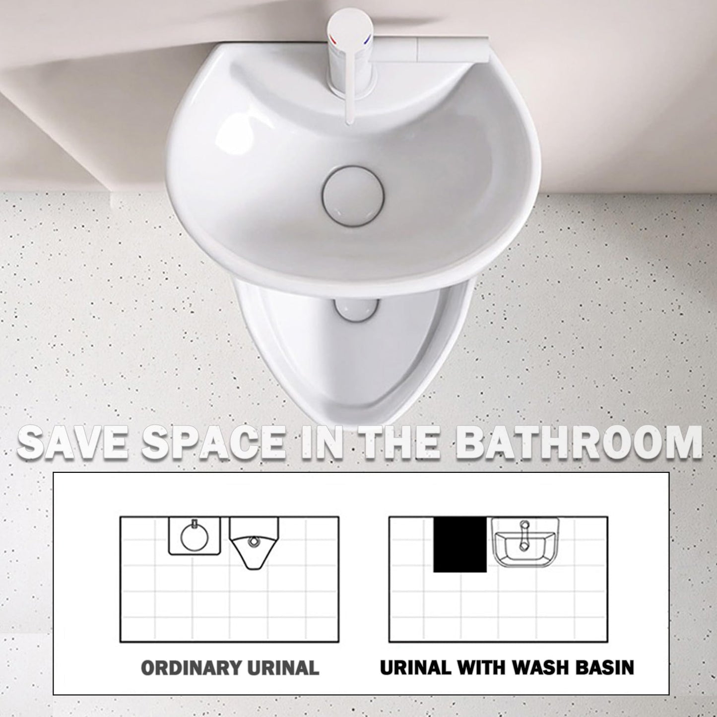 Runspich Modern Wall-Mounted Ceramic Urinal for Men with Built-in Sink, 2-in-1 Space Saving Design for Small Bathrooms & Restrooms, (White, Turn on the Tap to Flush)